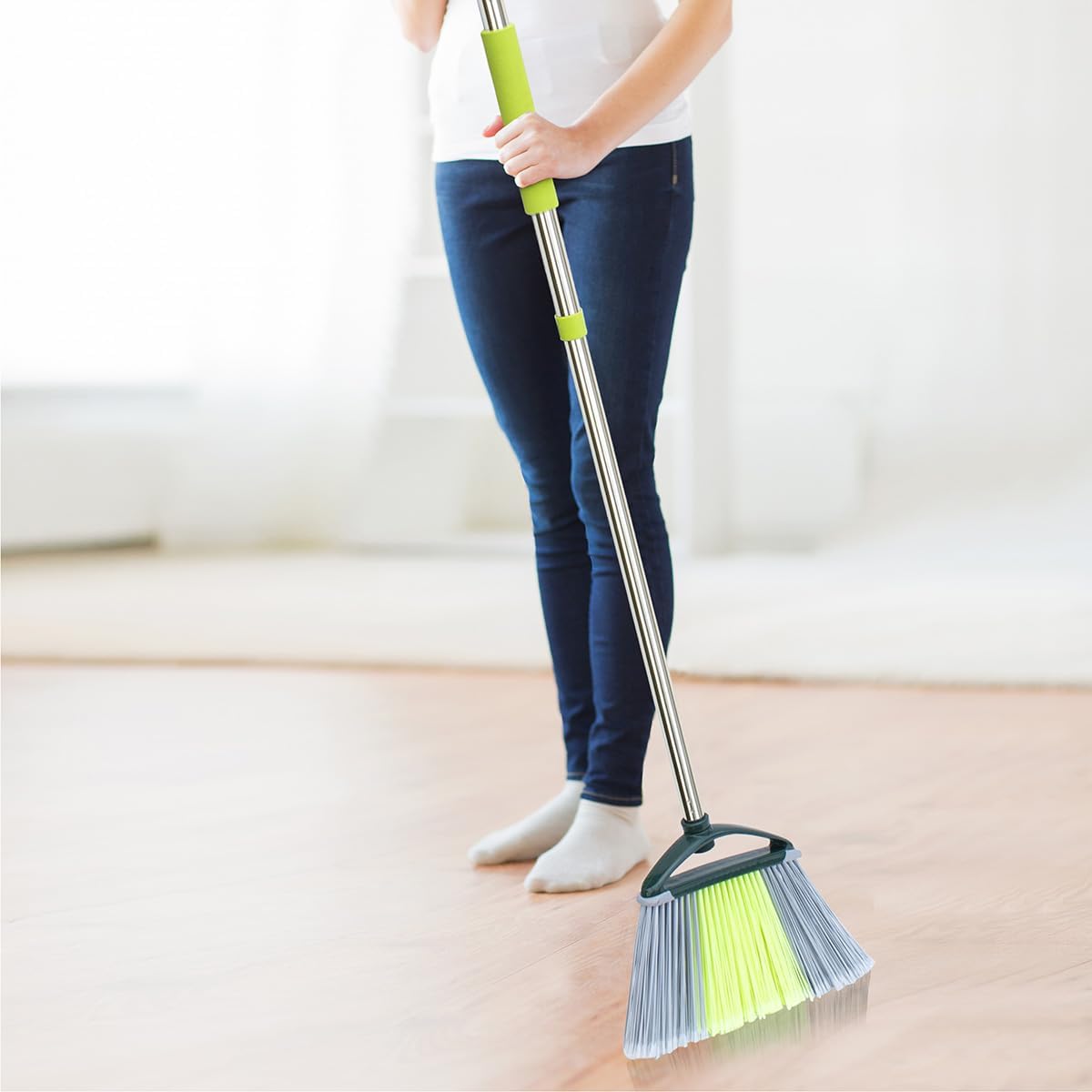 Pine-Sol Indoor Jumbo Broom with Long, Stainless Steel Collapsible Handle for Easy Storage, Heavy