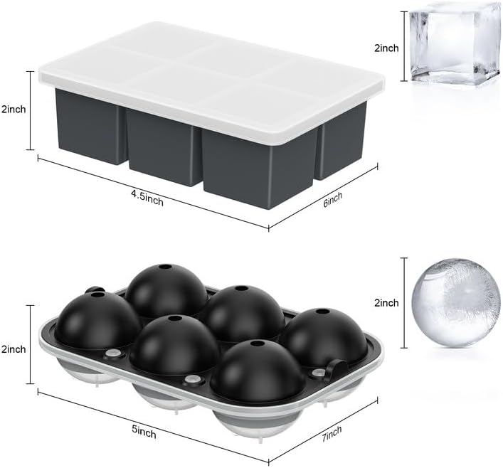 ROTTAY Ice Cube Trays (Set of 4), Sphere Ice Ball Maker with Lid & Large Square Ice Cube Maker for