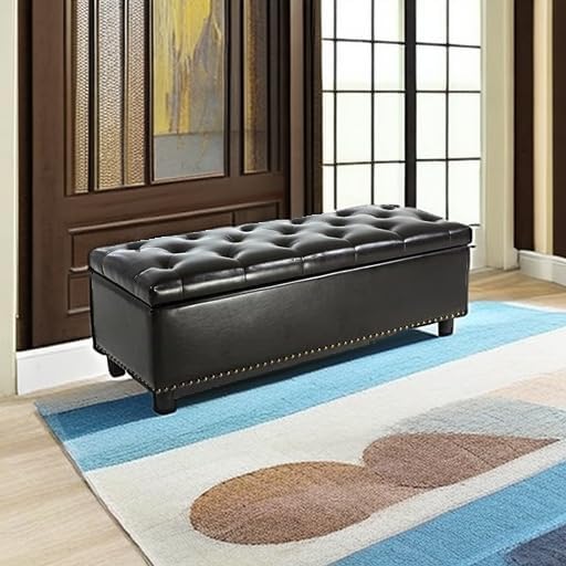 BELLEZE 47" Storage Ottoman, Storage Bench with Safety Close Hinge, Faux Leather Button-Tufted