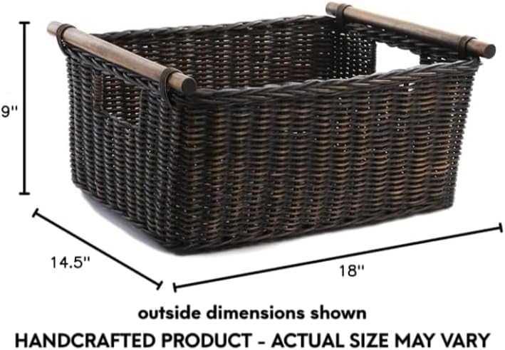 The Basket Lady Pole Handle Wicker Storage Basket, Large, 18 in L x 14.5 in W x 9 in H, Antique