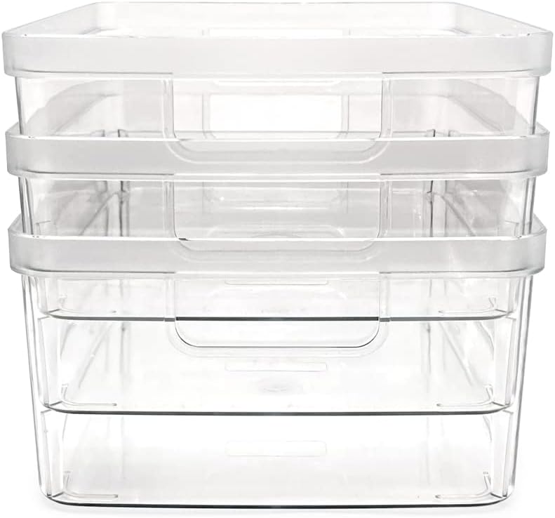Isaac Jacobs 3-Pack Medium Clear Storage Bins (8” L x 10” W x 4.25” H) w/Cutout Handles, Plastic