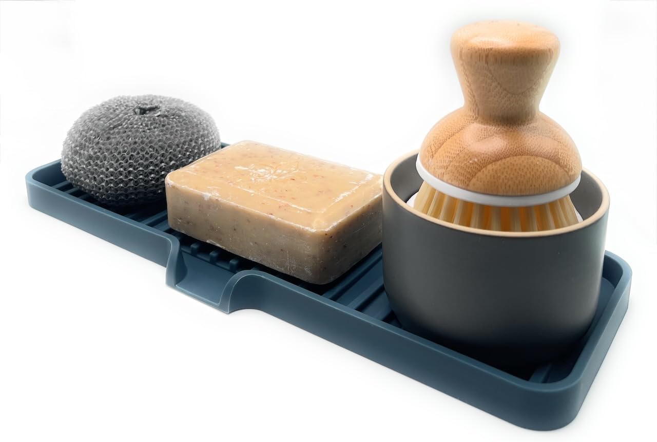 Happitasa Silicone Soap Dish Tray and Sponge Holder with Drain Chute | Bathroom and Kitchen Sink