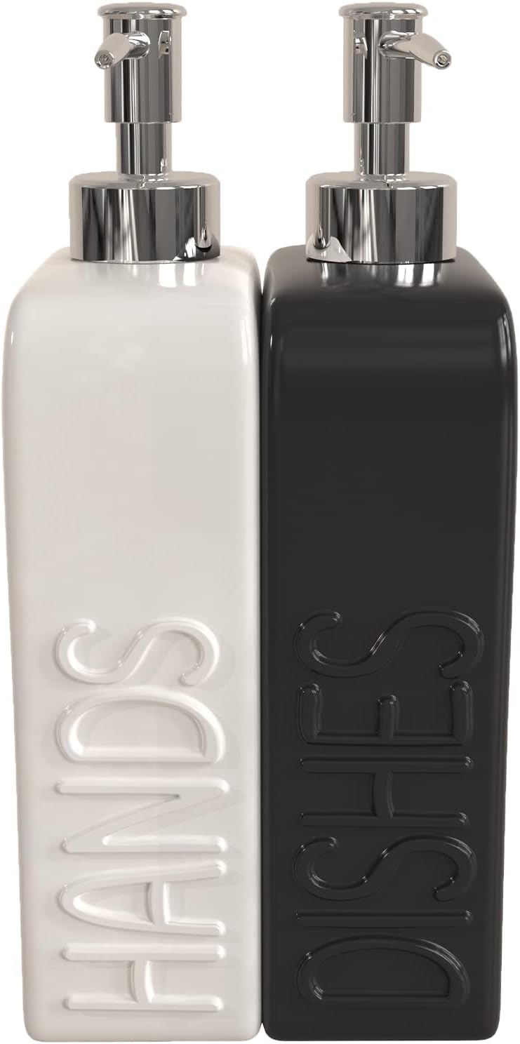 Soap Dispenser Set with Funnel, Non-Slip Silicone Pads, 2 Pack Ceramic Refillable Dish Soap and