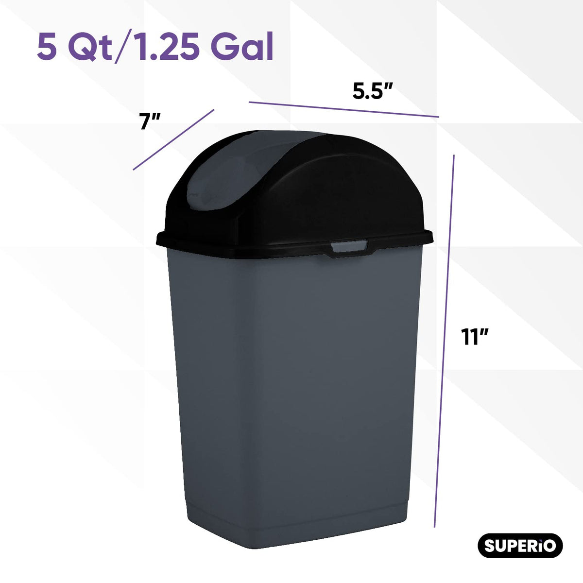 Superio Mini Plastic Trash Can with Swing Top Lid 1.25 Gallon Compact Small Waste Bin Portable
