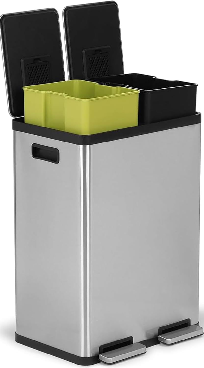 SIMPLI-MAGIC 16 Gallon (60L) Dual Compartment Step Trash Can – Kitchen Garbage Can with Waste &