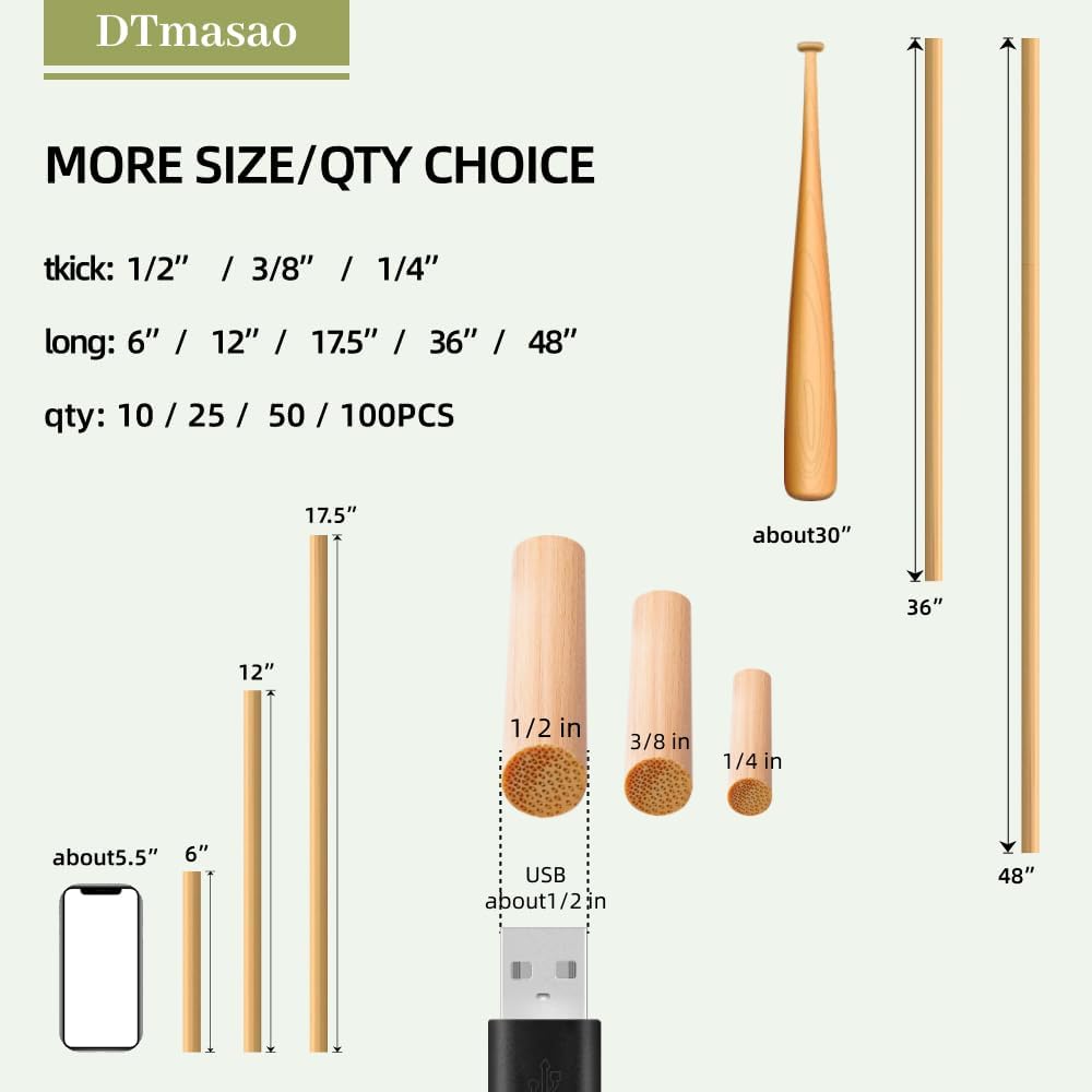 1/4 x 12 Inch 50 PCS Dowel Rods Wood Sticks Wooden Dowel Rods - Unfinished Bamboo Sticks - for
