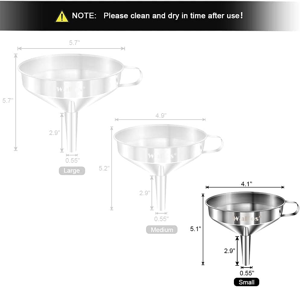 Stainless Steel Funnel, Walfos Kitchen Funnel with 2 Removable Strainer & 1Pc Cleaning Brush