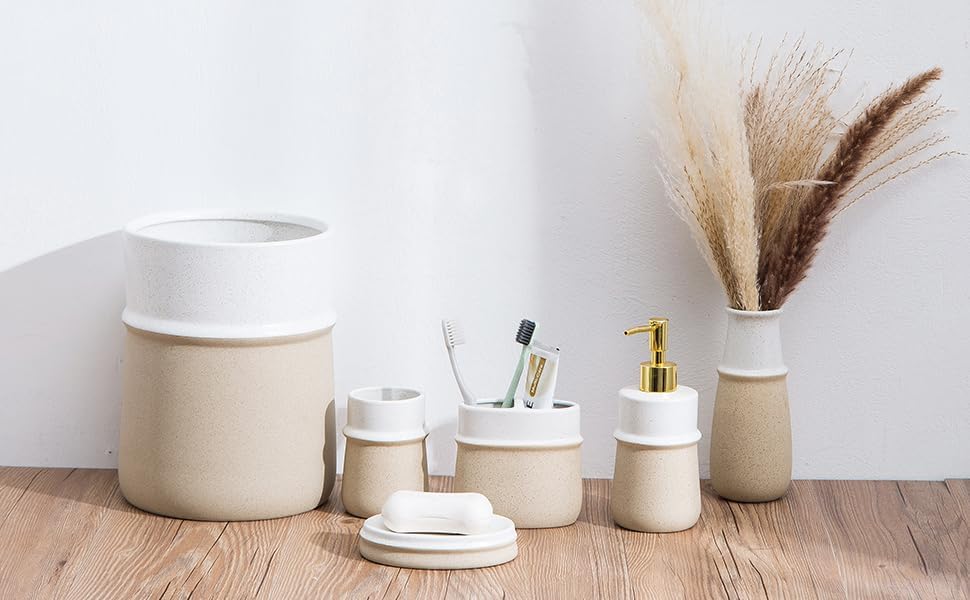 Beige Ceramic Soap Dispenser for Kitchen, Refillable Hand Dispenser with Rust Proof Stainless Steel