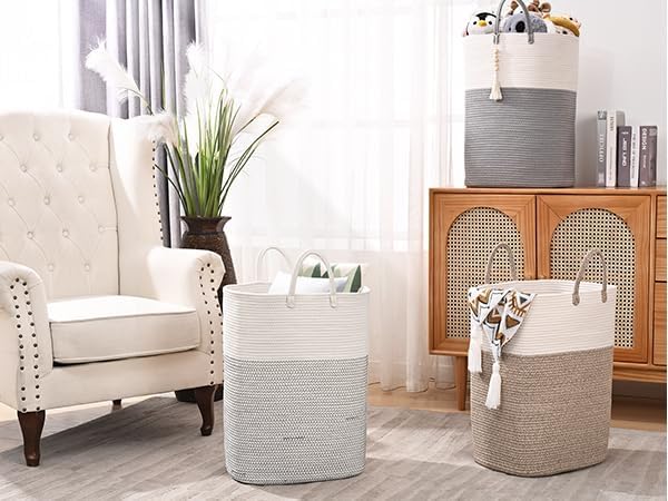 Woven Laundry Basket for Clothes, 80L Large Rectangle Laundry Hampers with Beads Tassel, Nursery