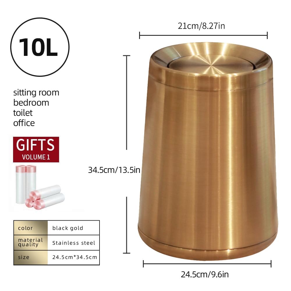 10 L/2.6Gallen,Swing Lid Gold Brass Trash Can,Brushed Nickel Garbage Can Bathroom with Flipping