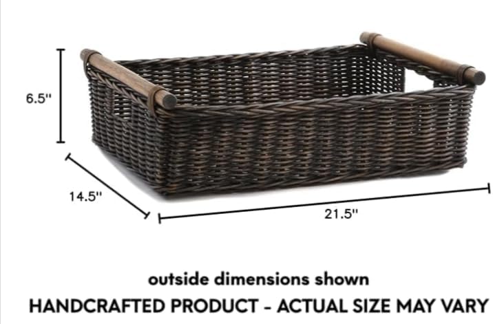 The Basket Lady Low Pole Handle Wicker Storage Basket, Extra Large, 21.5 in L x 14.5 in W x 6.5 in
