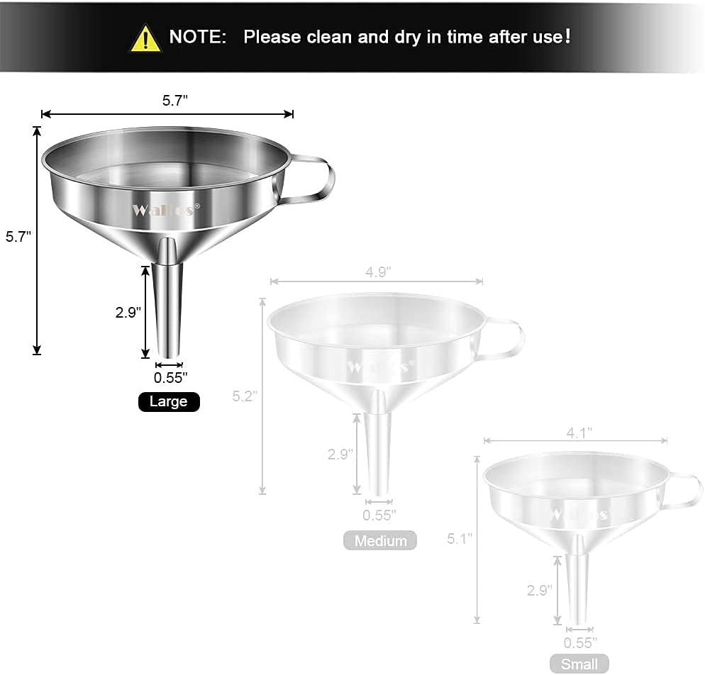 Large Stainless Steel Funnel, Walfos Kitchen Funnel with 2 Removable Strainer & 1Pc Cleaning Brush