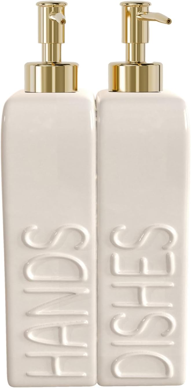 Soap Dispenser Set with Gold Stainless Steel Pump and a Funnel, 2 Pack Modern Ceramic Refillable