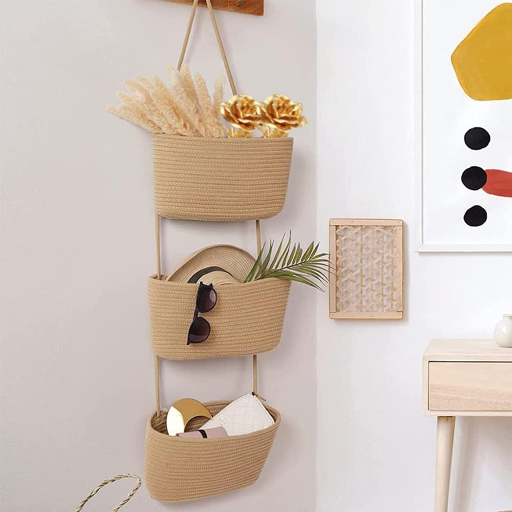 TeoKJ Over the Door Hanging Basket, 3-Tier Woven Cotton Wall-Mounted Storage Organizer Bag