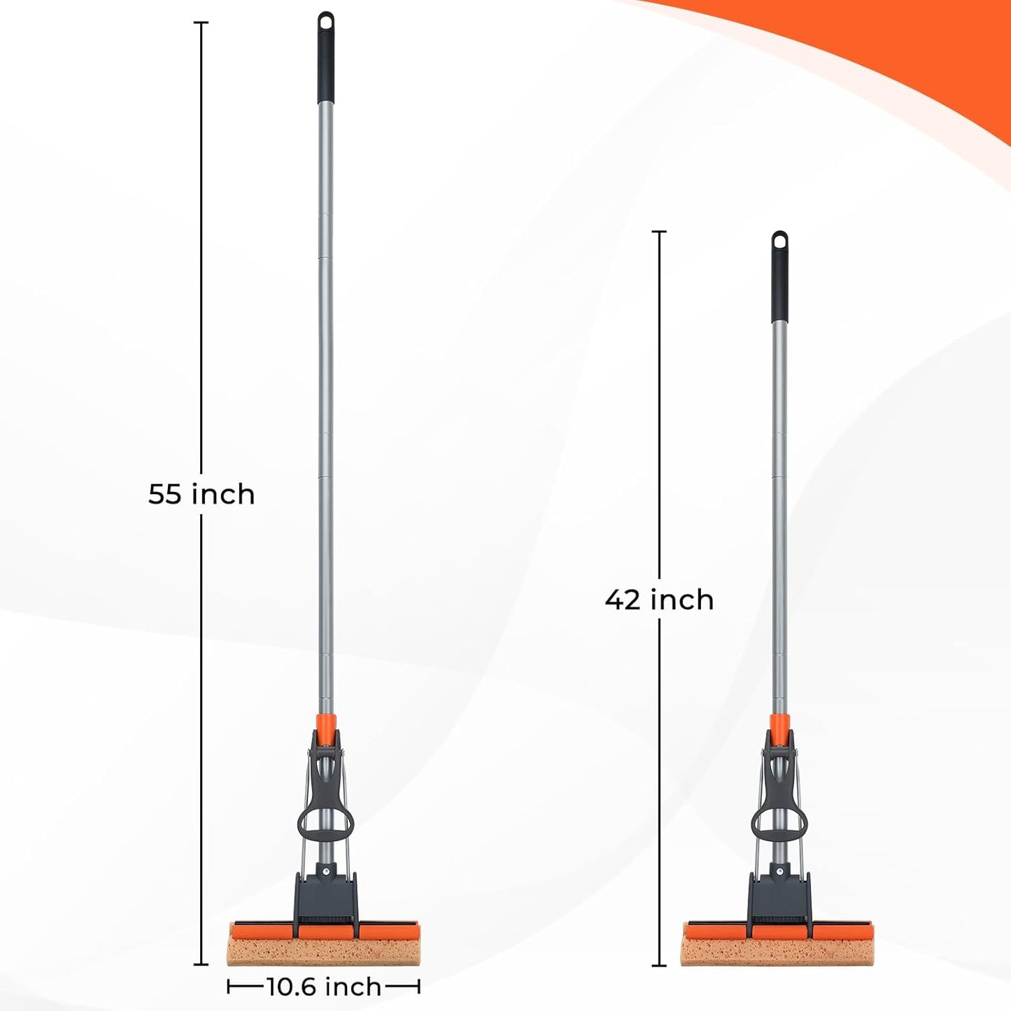 Sponge Mops for Floor Cleaning with 2 Cellulose Mop Head Refills and 55” Long Handle, Heavy Duty
