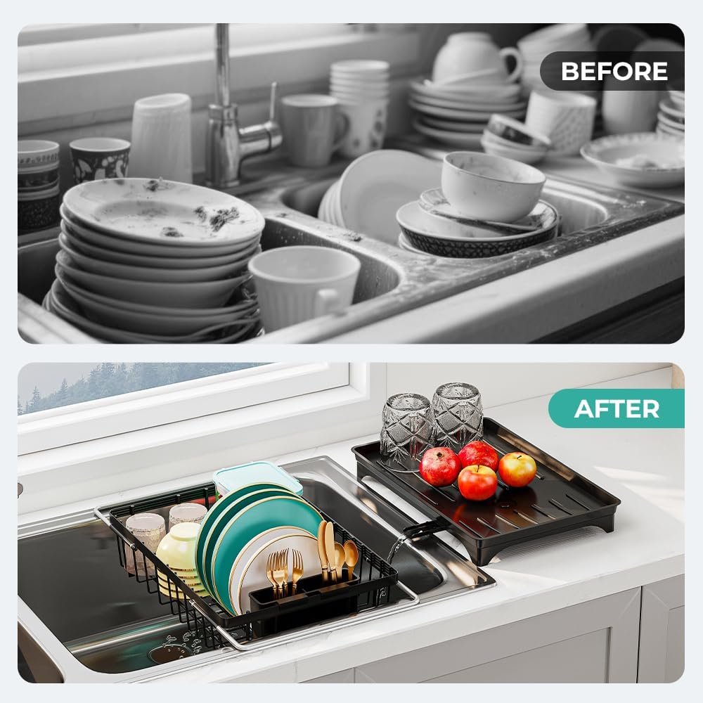 Small Dish Drying Rack in Sink, Expandable Stainless Steel Dish Drainers for Kitchen Counter, with