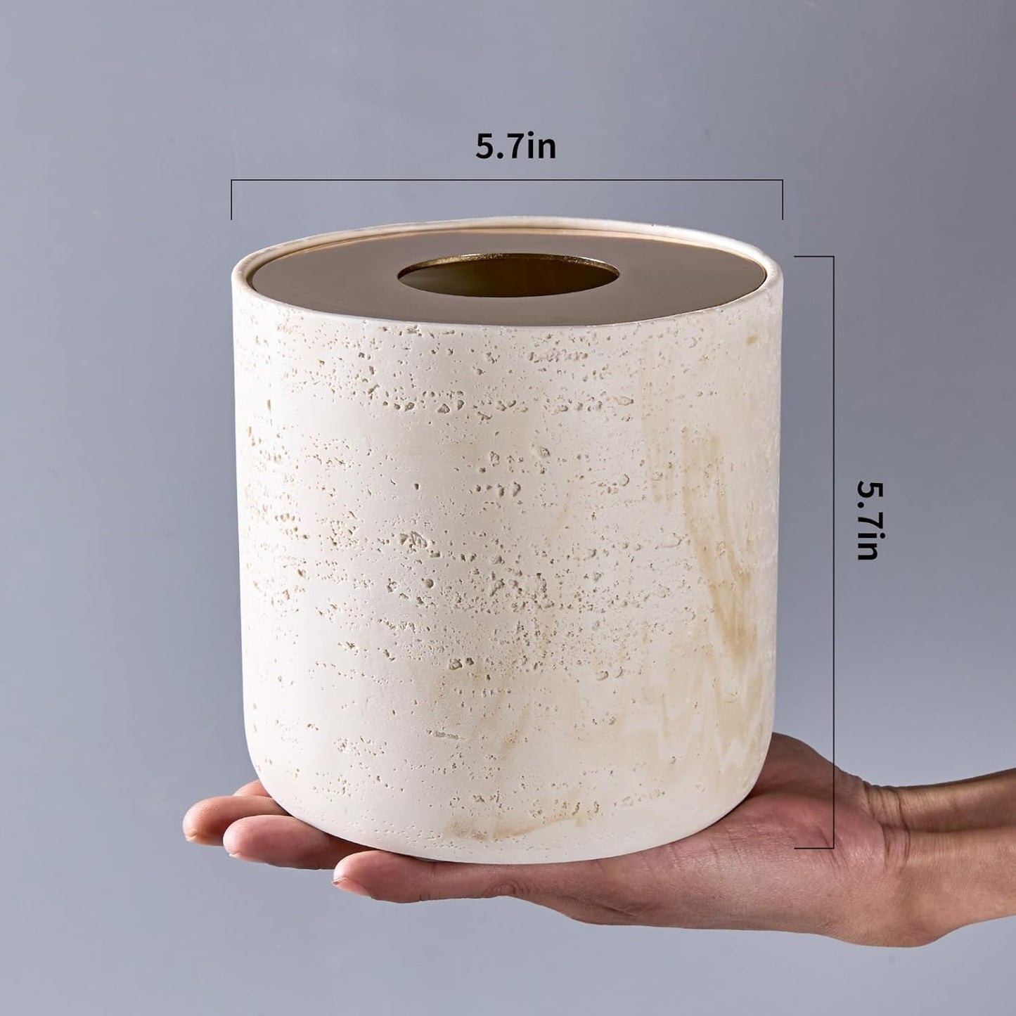 Natural Travertine Textures Mini Trash Can with Rose Gold Stainless Steel Lid, Mini Countertop