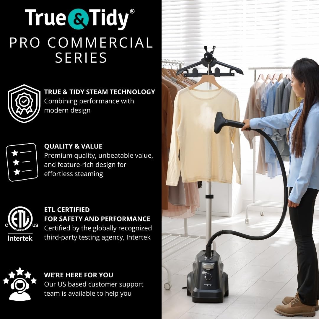 True & Tidy® Heavy-Duty Industrial Standing Garment Steamer for Clothes, 1800 watts, Extra Large 3L