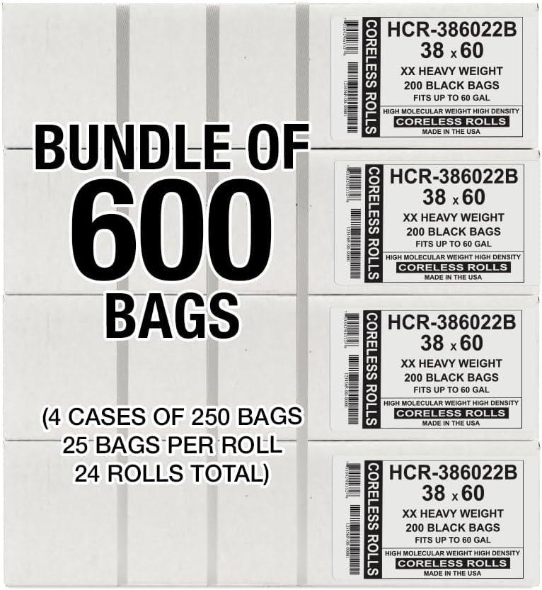 Aluf Plastics High Density Trash Bags, 60 Gallon, 600 Count, 22 Micron (eq), 38" x 60", Black, for