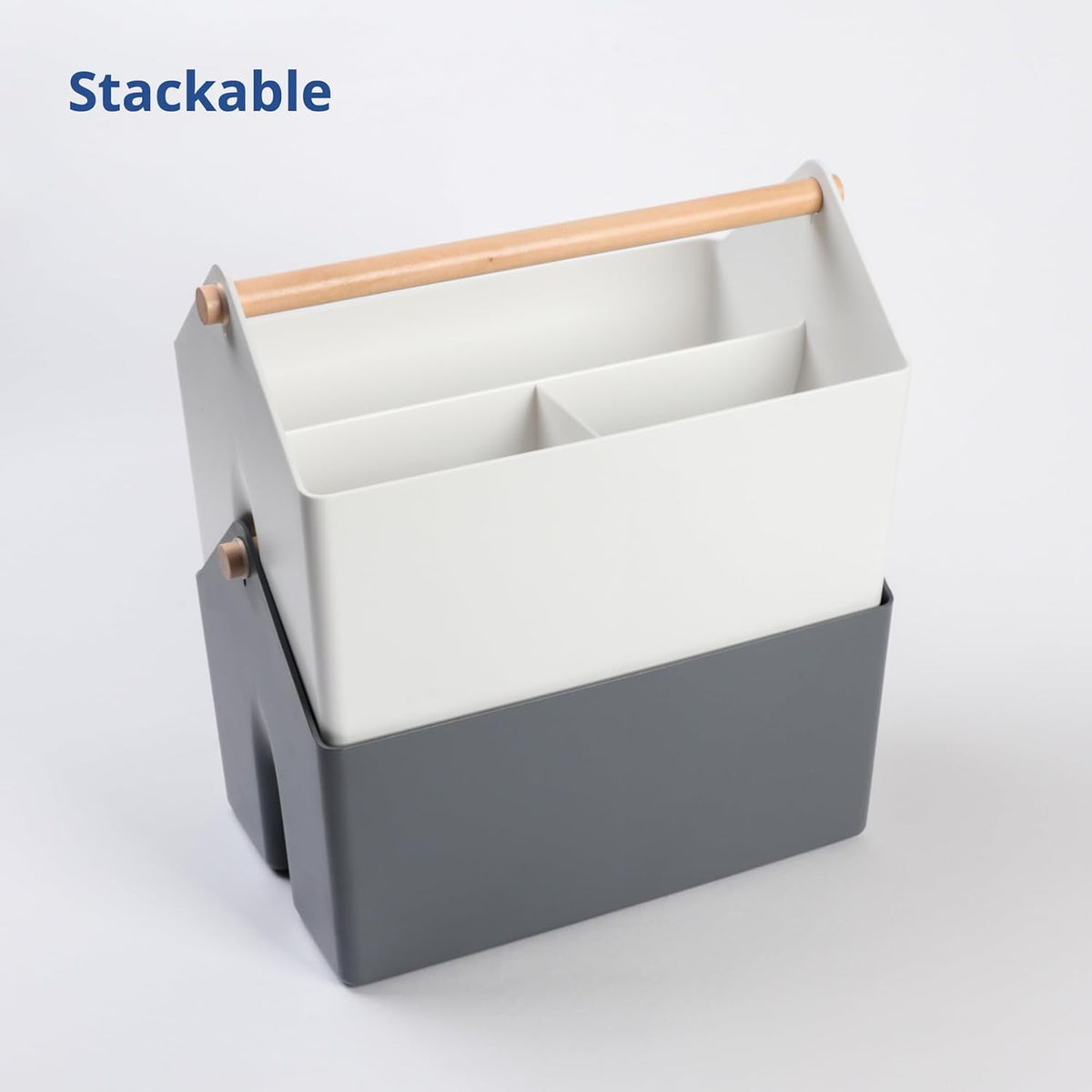 BLUE GINKGO Medium Storage Basket – Plastic Caddy with Wooden Handle for Office, Arts & Crafts, or