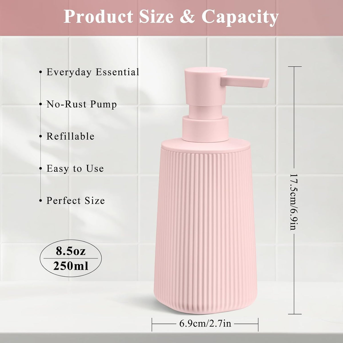 Pink 2 Pack Hand Soap Dispensers with No Rust Pump for Bathroom Kitchen or Vanity Countertops