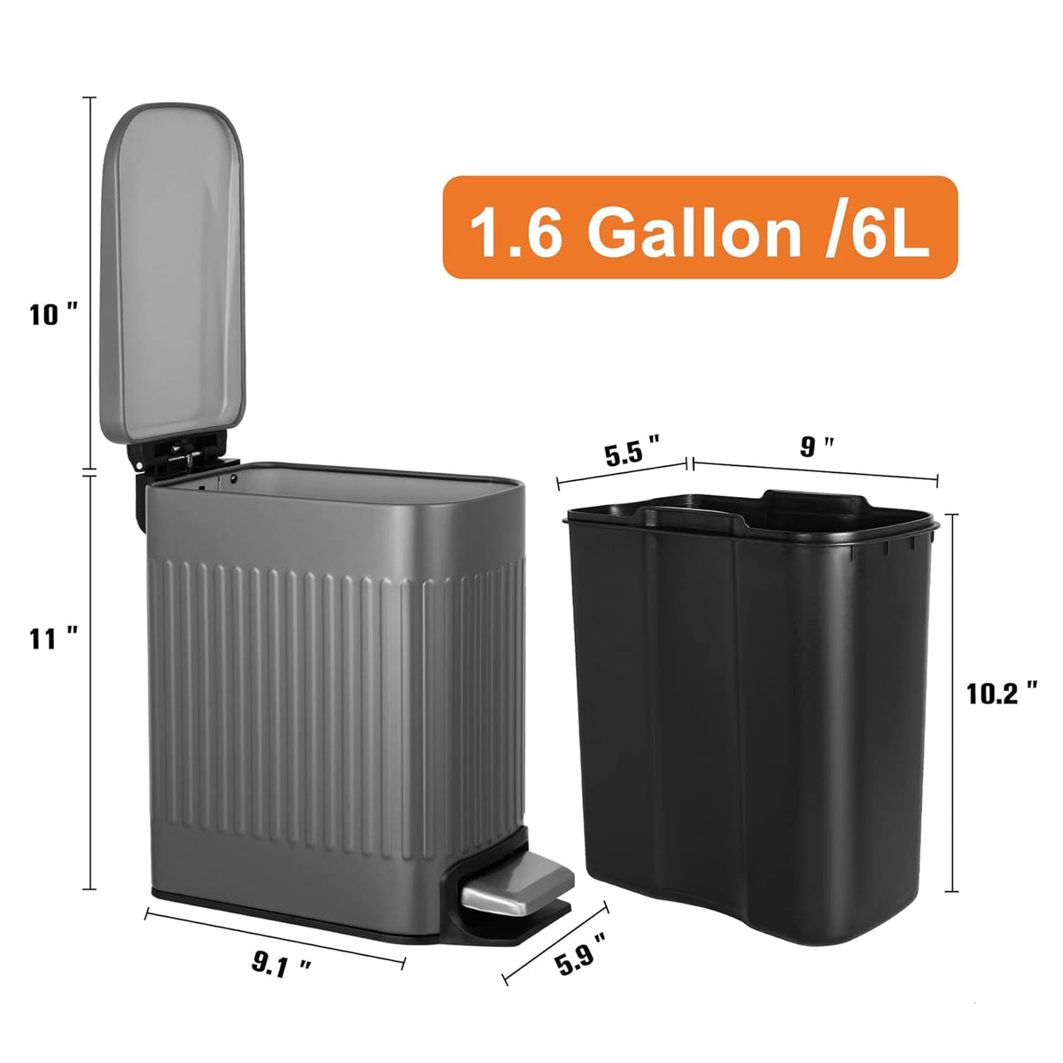 TrashAid Small 1.6 Gallon Stainless Steel Trash Can with Removable Inner Bucket, Grey, Hands Free