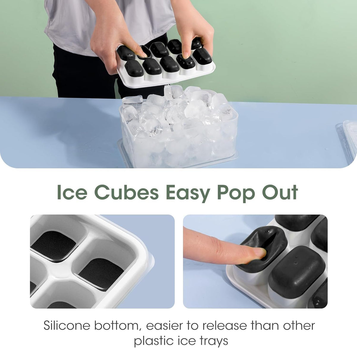 DOQAUS Ice Cube Tray with Lid and Bin, 4 Pack Silicone Plastic Ice Cubes Trays for Freezer with