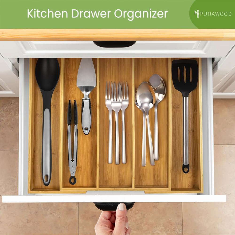 Purawood Kitchen Drawer Organizer - Expandable Utensil Drawer Organizer for Kitchen, Cutlery Tray &
