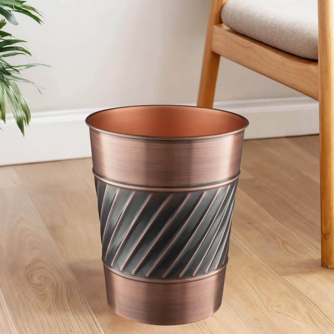 Monarch Abode Metal Wastebasket Trash Can, Handcrafted, Wave Embossed, Bathroom Decor, Antique