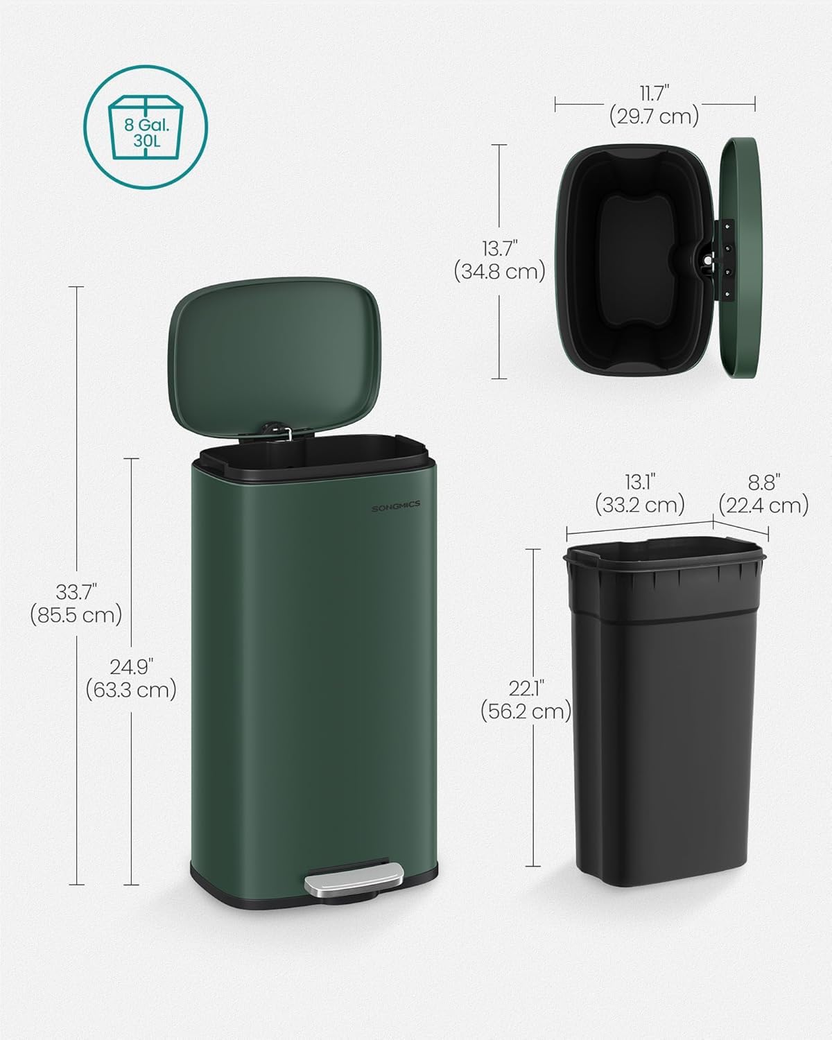 SONGMICS Trash Can with Lid, 8 Gallon Garbage Can, Stainless Steel Small Waste Bin with Step Pedal