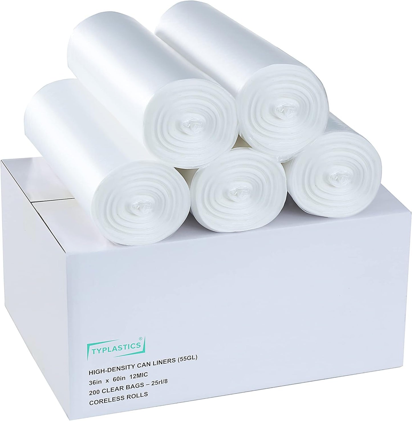 TYPLASTICS 55 Gallon Clear Trash Can Liners - 36" x 60" - High Density Garbage Bags - Case of 200