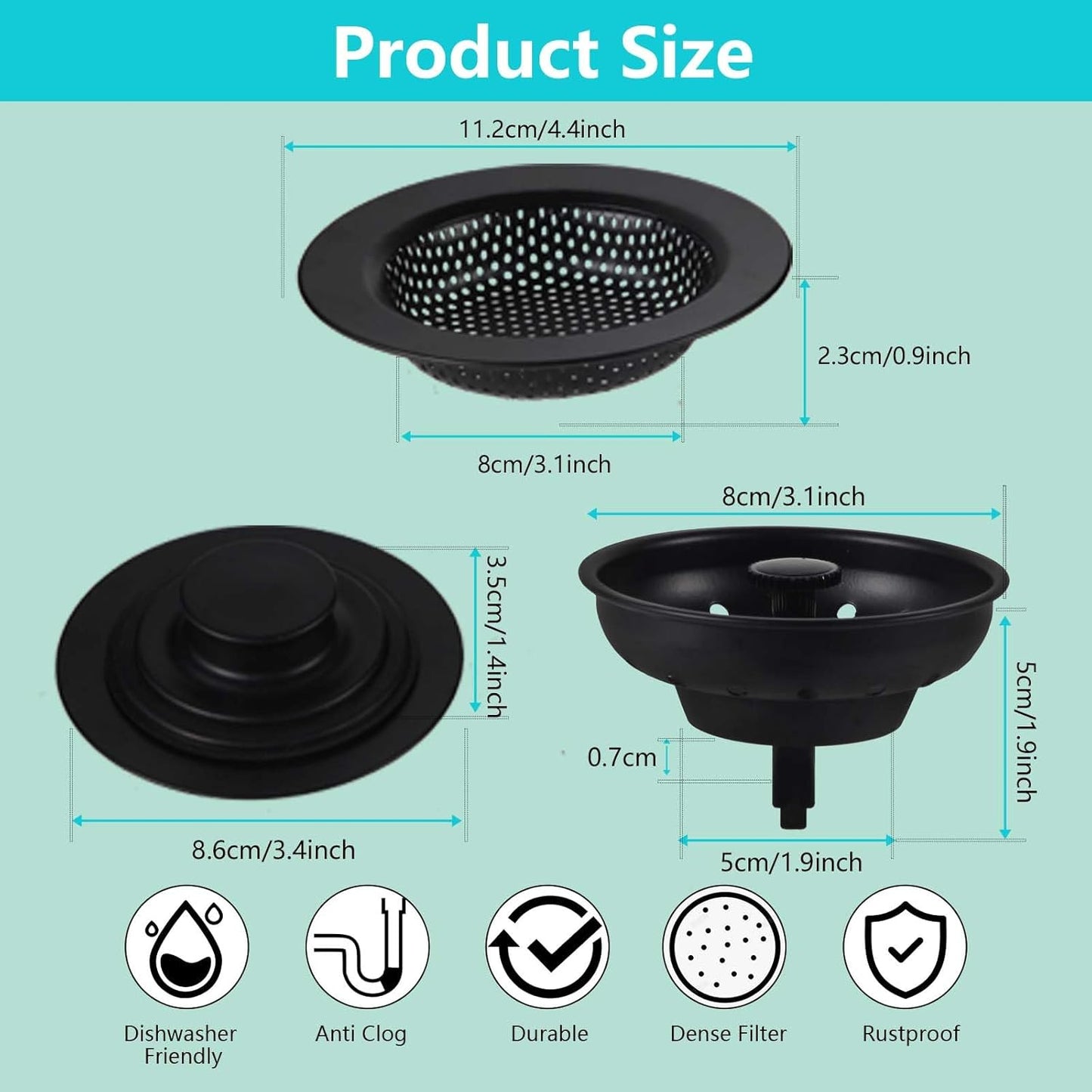 3 PCS Kitchen Sink Stopper Strainer,Anti-Clogging Stainless Steel Sink Disposal Stopper, Garbage