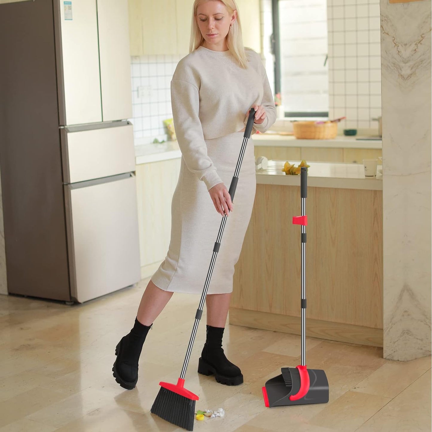 Broom and Dustpan Set,Broom with Dustpan Combo Set Dust pan with Long Handle, for Home Kitchen Room
