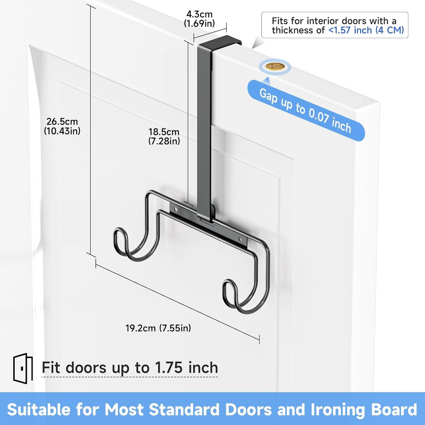 Over The Door & Wall Mount Ironing Board Hanger with Removable Hook, Metal Ironing Board Holder