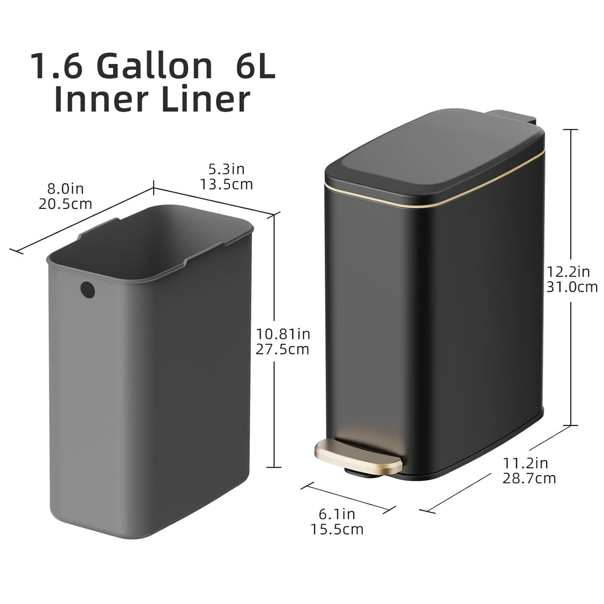 KUK Slim Bathroom Trash Can with Lid, 1.6 Gal / 6L Stainless Steel Small Garbage Bin with