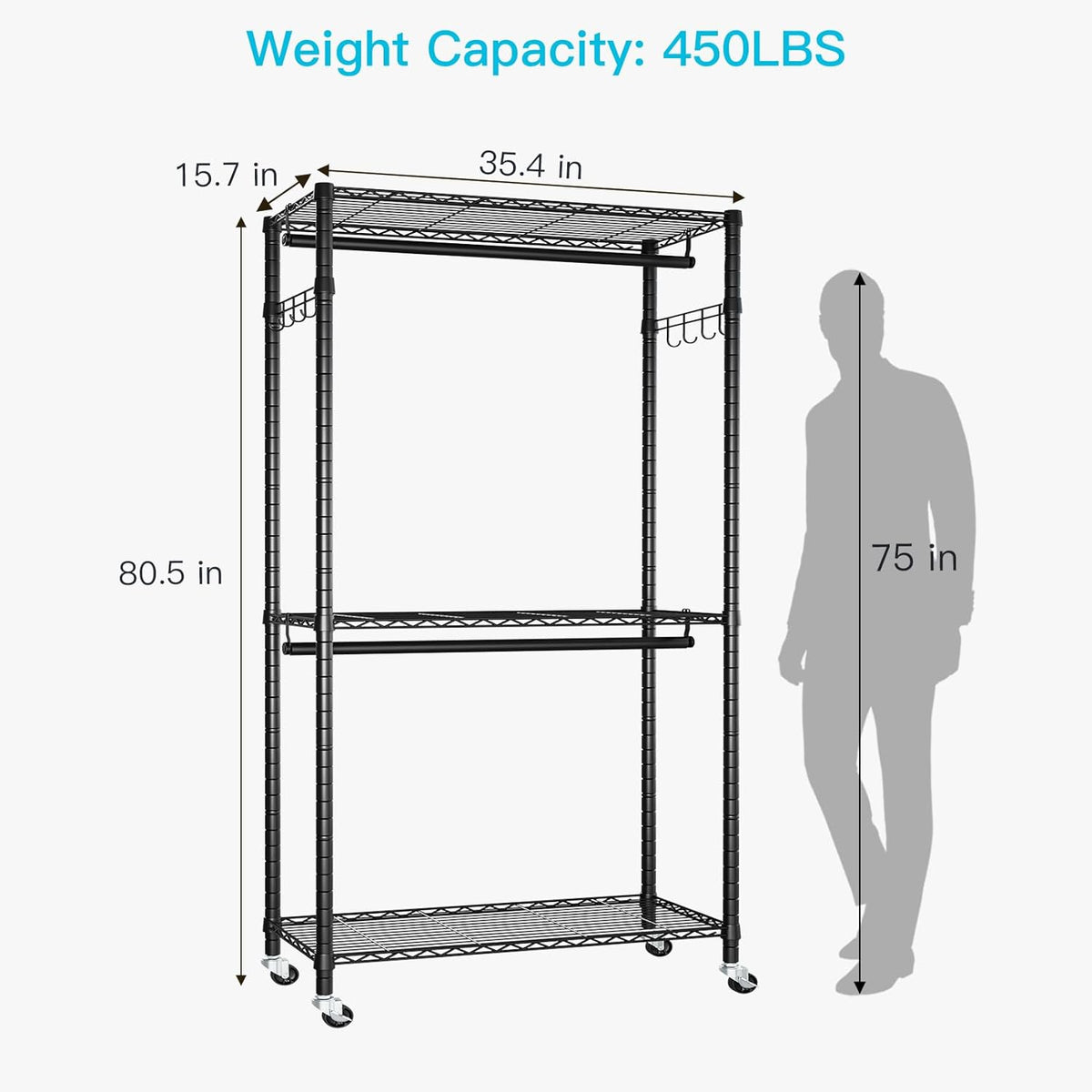 FUTASSI P1 Heavy Duty Garment Rack, 3 Tiers Adjustable Rolling Metal Closet Organizer with Lockable