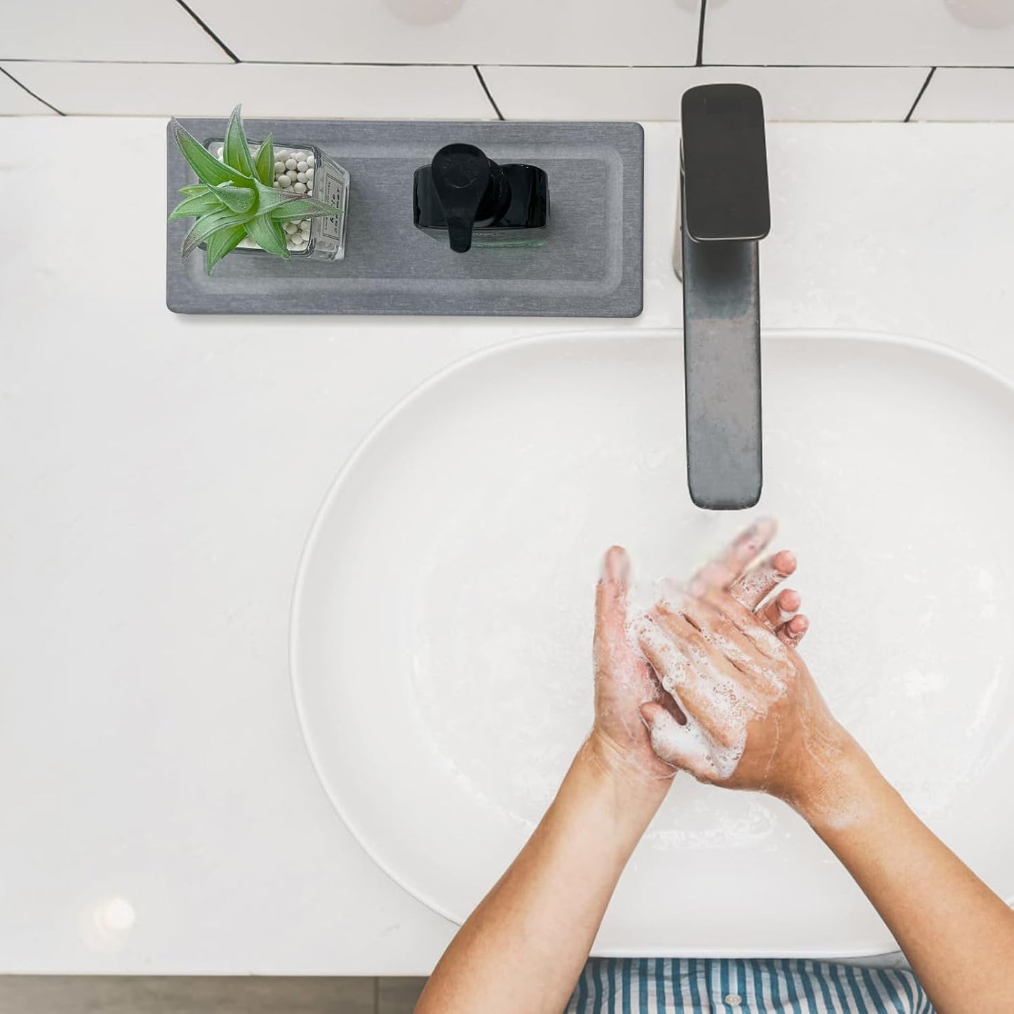 2 PCS Water Absorbing Stone Trays for Bathroom Sink & Kitchen Counter, Fast-Drying Diatomite Sink