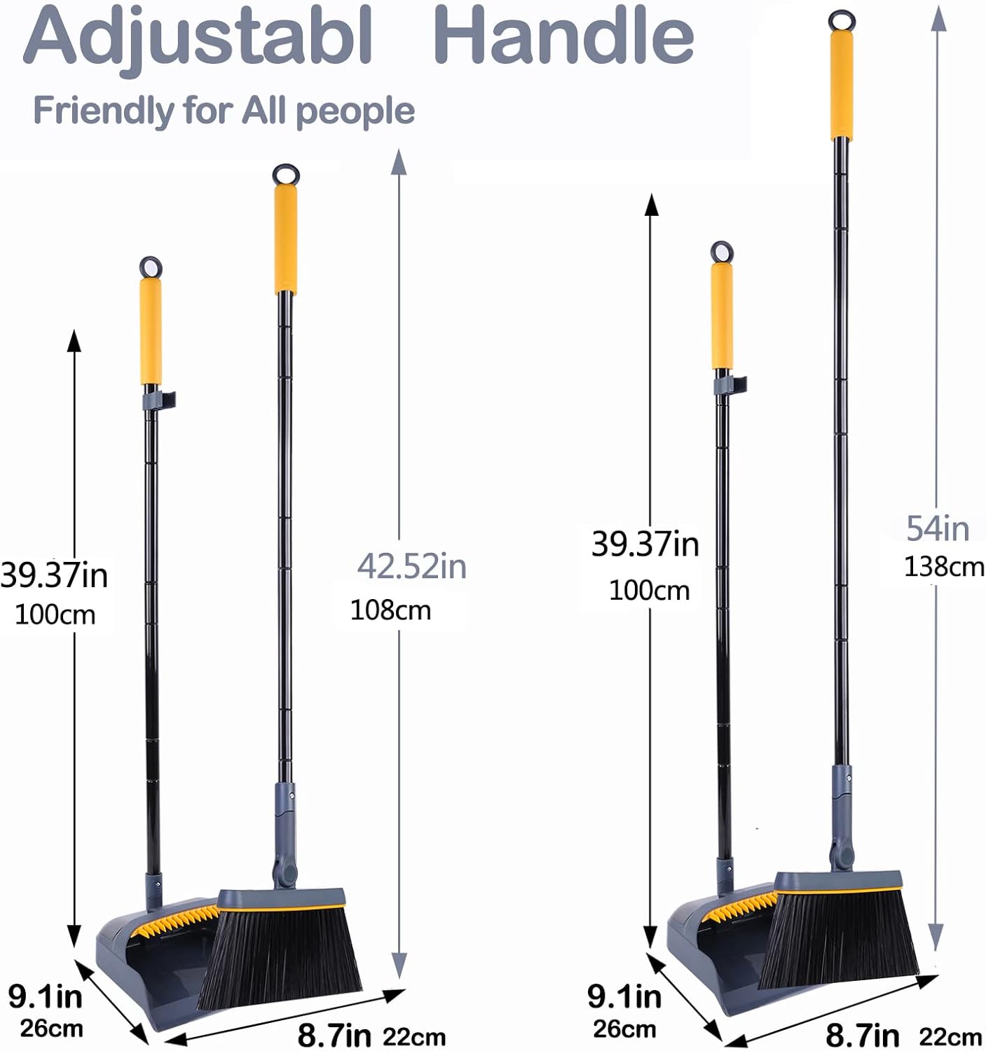 JEHONN Broom and Dustpan Set for Home, 54 Inches Long Handle Lightweight 180 Degree Rotating Indoor