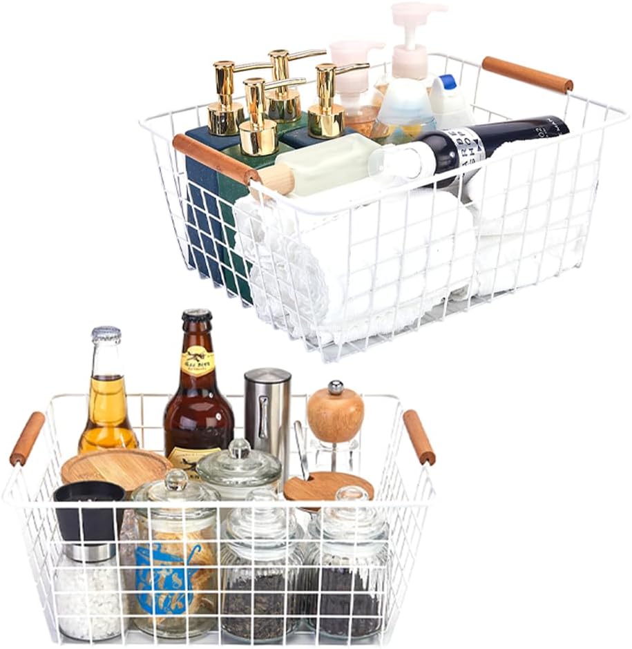 LeleCAT Large white wire baskets with Wooden Handles for storage pantry, Storage Organizer Baskets
