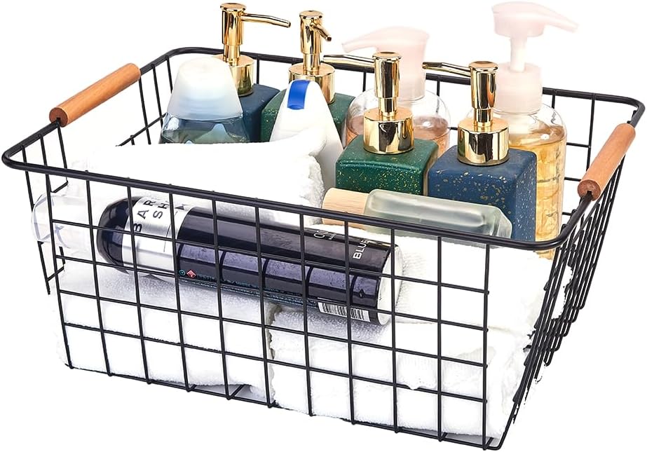 LeleCAT Large black wire baskets with Wooden Handles for storage pantry, Storage Organizer Baskets