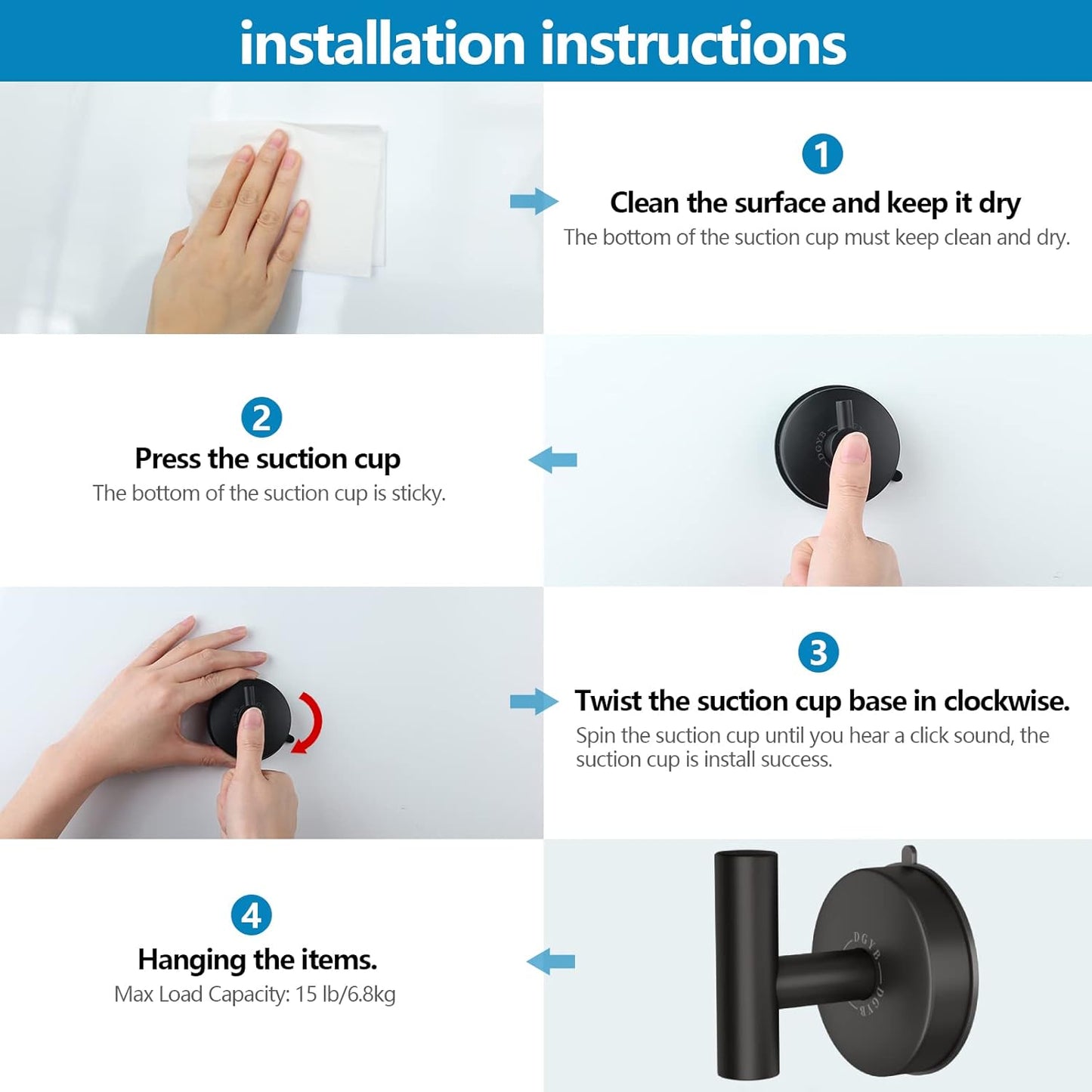 DGYB Large Suction Cup Hooks Black Stainless Steel Suction Shower Hooks for Loofah Set of 2 Towel