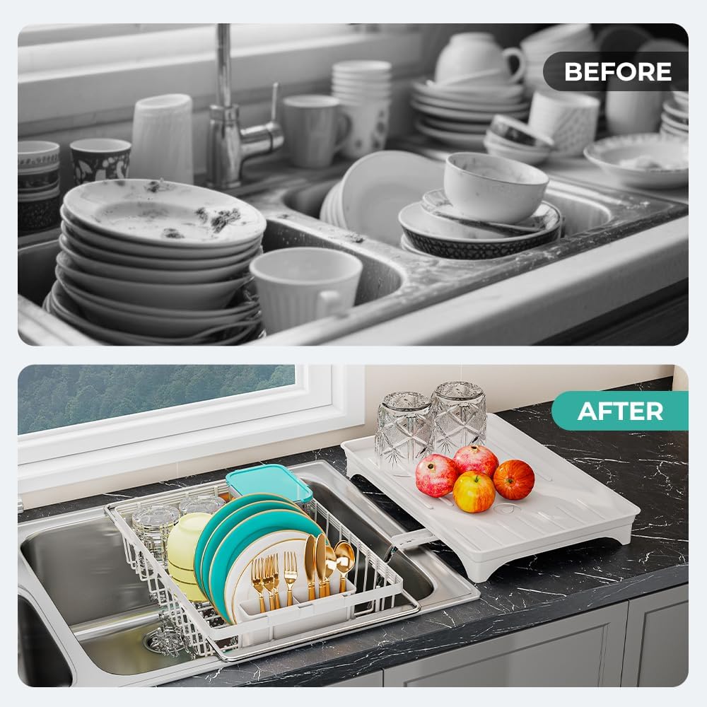 Small Dish Drying Rack in Sink, Expandable Stainless Steel Dish Drainers for Kitchen Counter, with