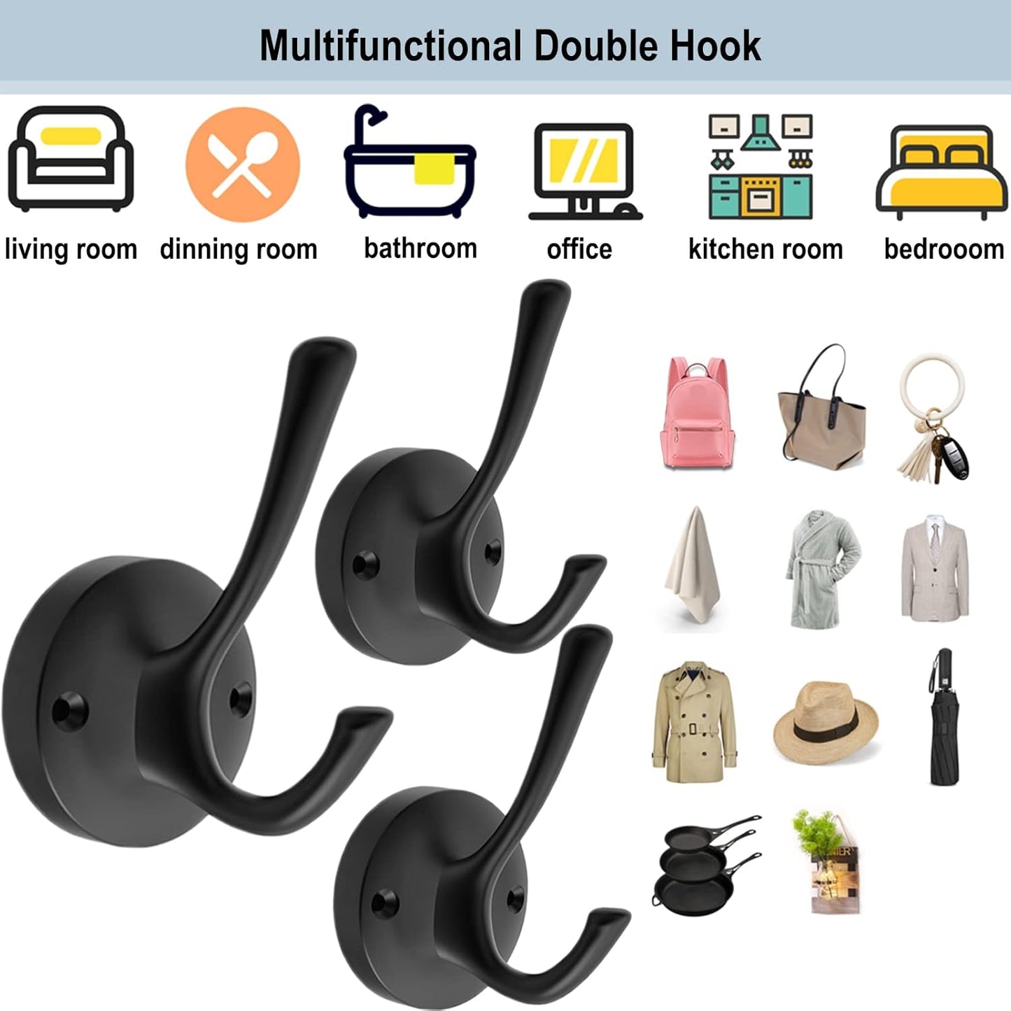Black Wall Hooks, 6 Pack Coat Towel Hook Heavy Duty Metal Double Bath Robe Hook Wall Mounted, Hat