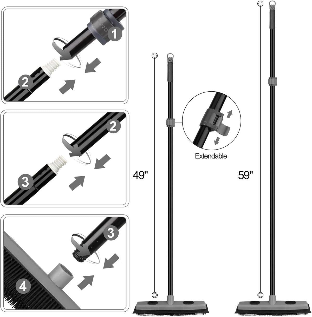 Pet Hair Removal Rubber Broom with Squeegee, Carpet Rake for Pet Hair with 59" Telescoping Long