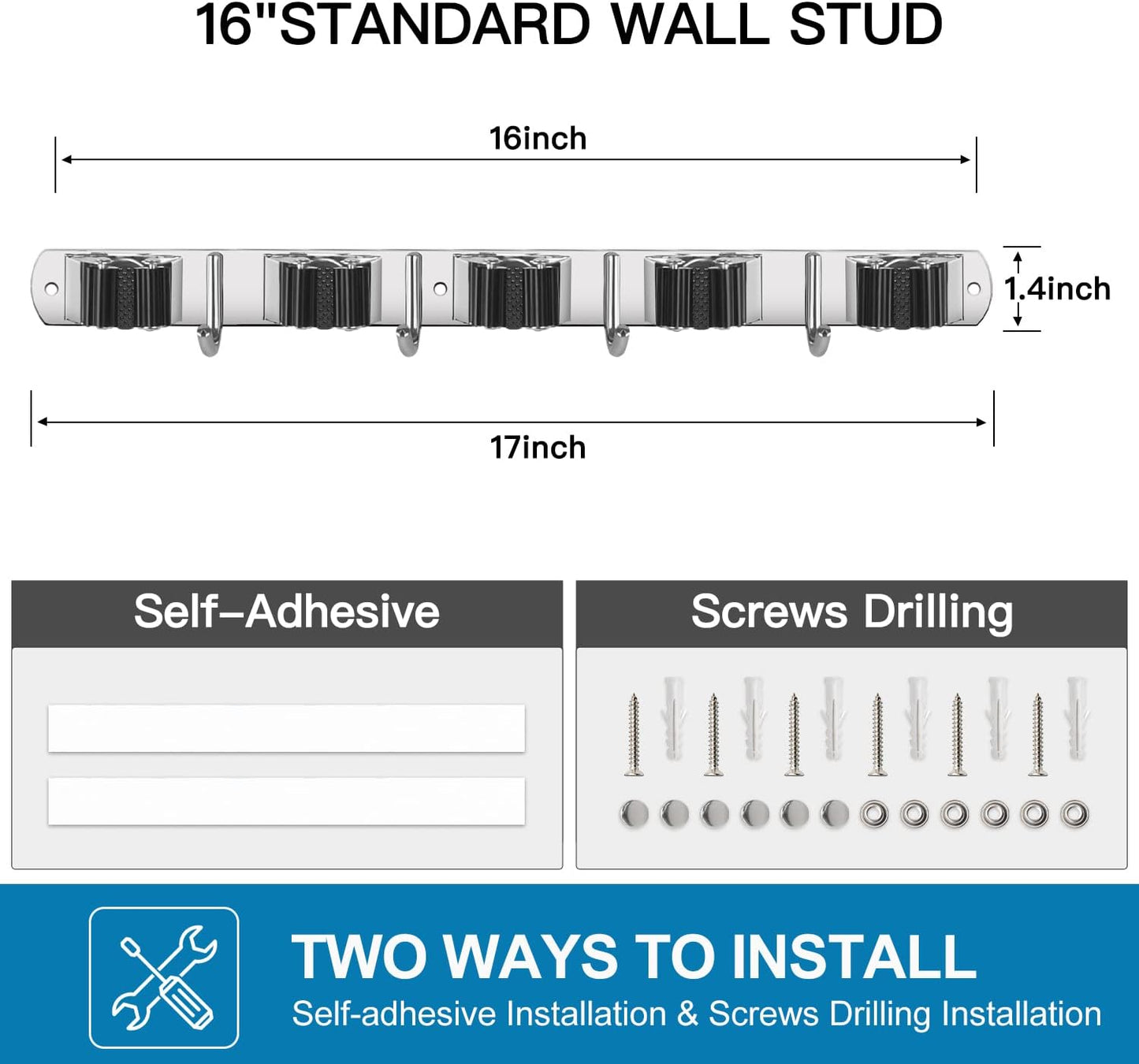 IMILLET 2 Pack Wall Mount Broom Holder Stainless Steel 5 Racks with 4 Hooks Broom Organizer Self