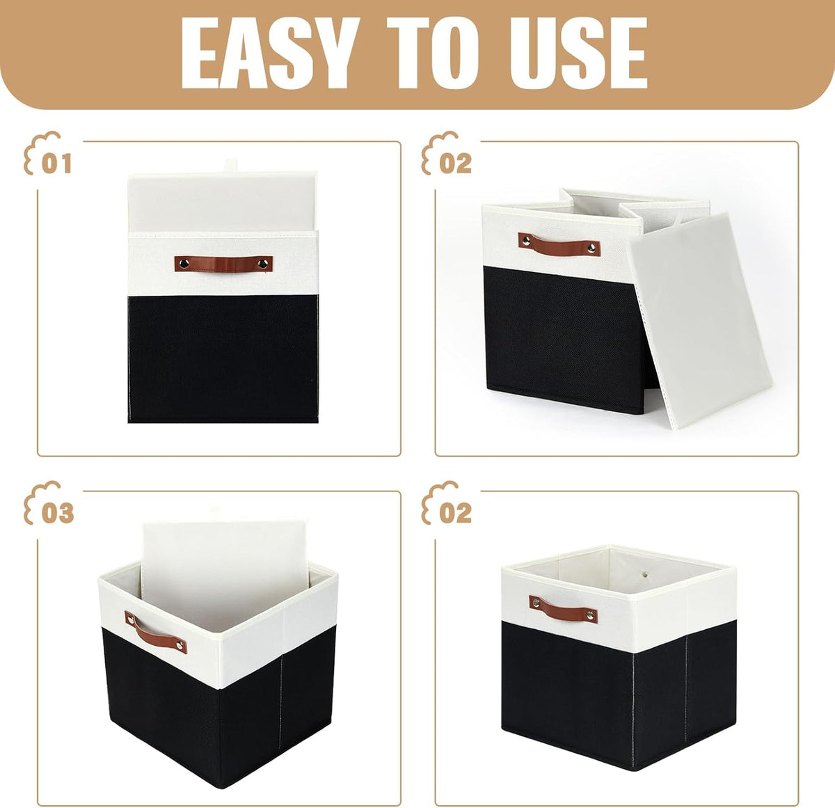 DULLEMELO Fabric Storage Bins for Shelves, Cube Storage Organizer Bins with PU Handles, Set of 4