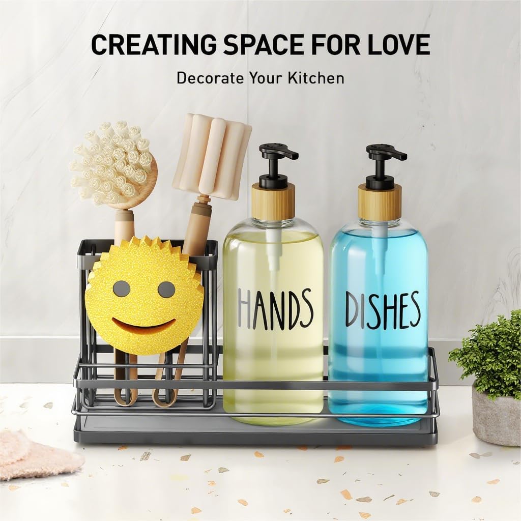 Moforoco Kitchen Dish Soap Dispenser Set, 16OZ Glass Bottle, Hand and Dish Soap Dispenser Set