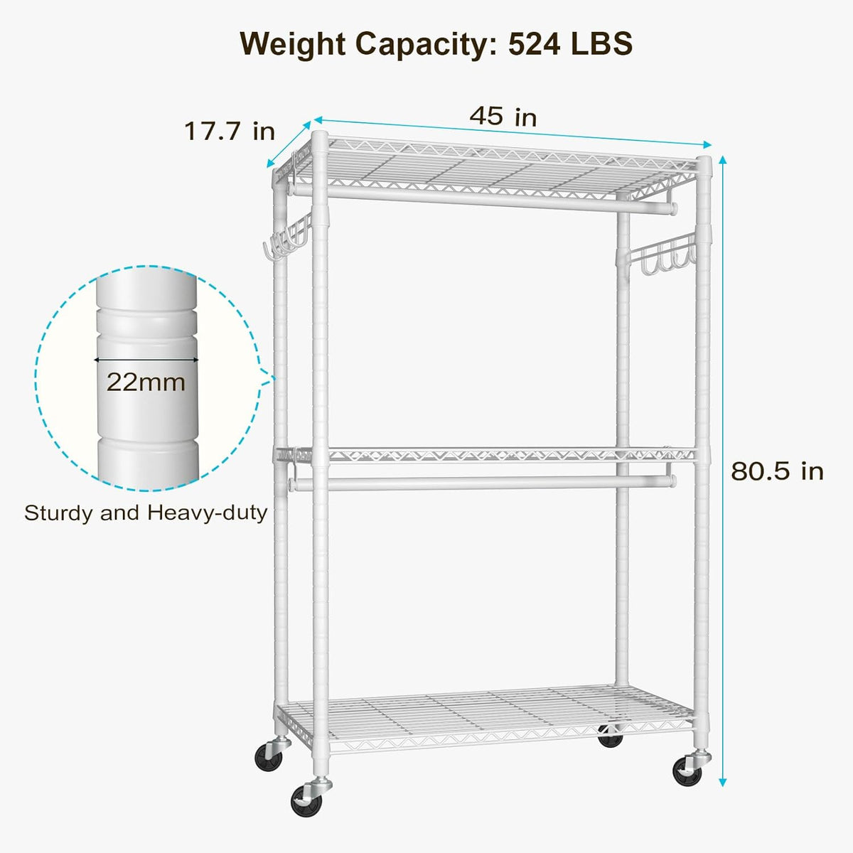 FUTASSI P1 Plus Rolling Clothes Rack, 22mm Diameter Heavy Duty Garment Rack with Wheels, Portable