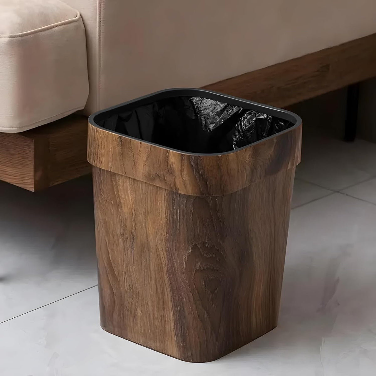 Wood Grain Plastic Trash Can Bedroom, Square 2-Pack, 3.7 Gal Farmhouse Wastebasket Bin Retro Style