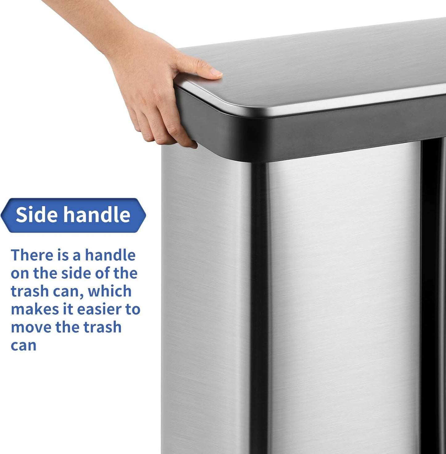 16 Gallon Dual Compartment Trash Can, Hands-Free Recycling Rectangular Garbage Bin, Stainless Steel